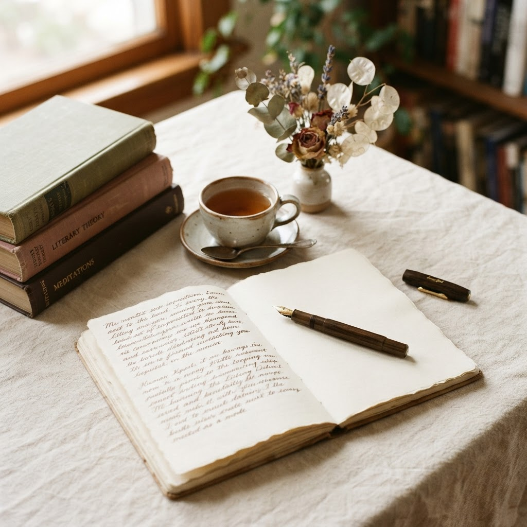 Escritorio cálido con libros abiertos, un cuaderno con anotaciones y una taza de té